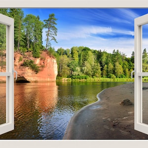 Forest Lake Wall Decal, Lake and Trees Wall Sticker, Forest Wall Decal,3d Window View Wall Mural, Window Frame Nature Wall Sticker