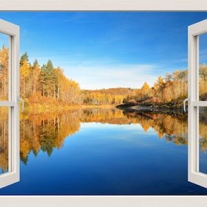 Lake View Wall Decal, 3d Window Wall Decal, Nature Wall Sticker, Trees Wall Decal, Window Frame, Window View Wall Mural, Home Decor Mural