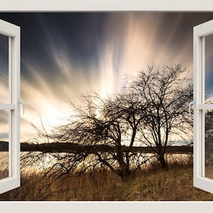 Trees at Sunset Wall Decal, Sun Rise Wall Sticker, 3d Window View Nature Wall Decal, Wall Mural, Window Frame Living Room Home Wall Decor