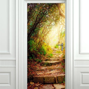 May include: A door decal depicting a stone path winding uphill through a verdant forest. Sunlight filters through the trees, creating a warm and inviting scene.
