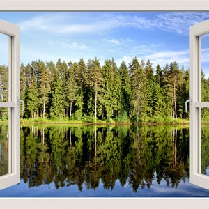 Mountains View Wall Decal, 3d Window Wall Decal, Lake View Trees Nature Wall Decal, Window Frame, Window View Wall Mural, Home Decor Mural