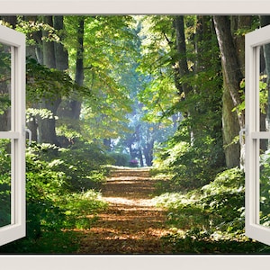 Forest Wall Decal, Walkway Forest 3d Window Wall Decal, Forest Trees Wall Sticker, Window Frame, Window View Home Decal, Wall Mural