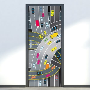Decalque de parede de trânsito, adesivo de carros, adesivo de porta de veículos, decoração de porta de carro, decoração de porta de quarto de meninos, mural de porta de veículos, tampa de porta, envoltório de porta