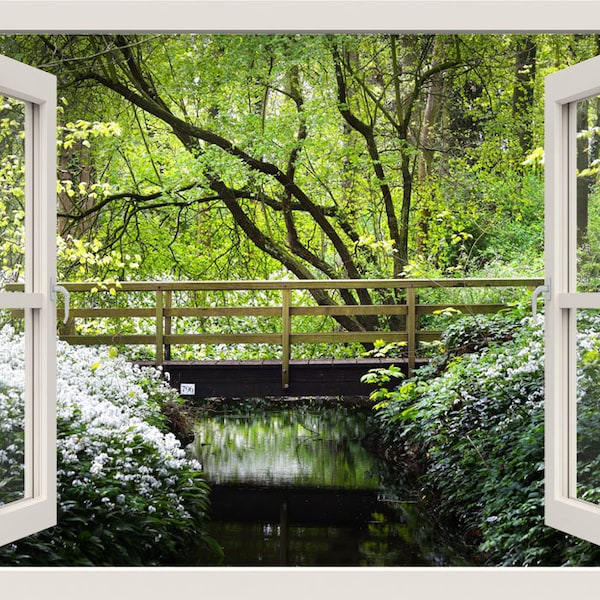 Brug over de rivier met bloeiende bloemen muursticker, 3d window view natuur muursticker, muursticker muurschildering, woonkamer home wall decor