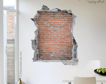 Bricks Wall Decal, Stones Bricks Mural, Hole in the Wall 3d Effect Wall Sticker, 3d Wall Decal, Broken Wall 3d Effect Mural Home Decor