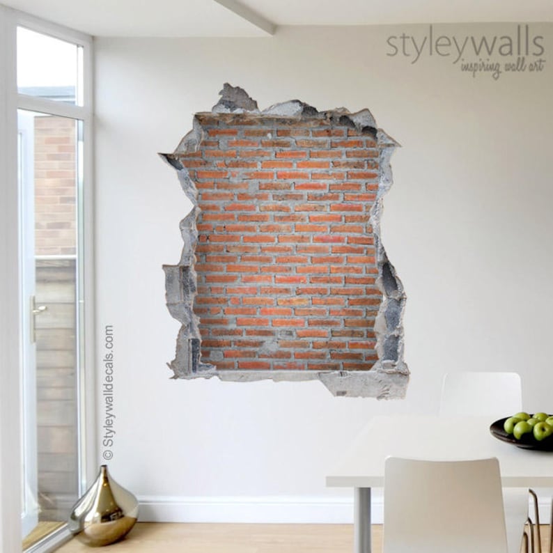 Bricks Wall Decal, Stones Bricks Mural, Hole in the Wall 3d Effect Wall