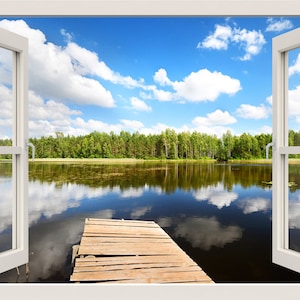 Lake Landscape Wall Decal, Forest and Bridge Wall Decal, 3d Window Wall Decal, Window Frame, Window View Home Decal, Wall Mural