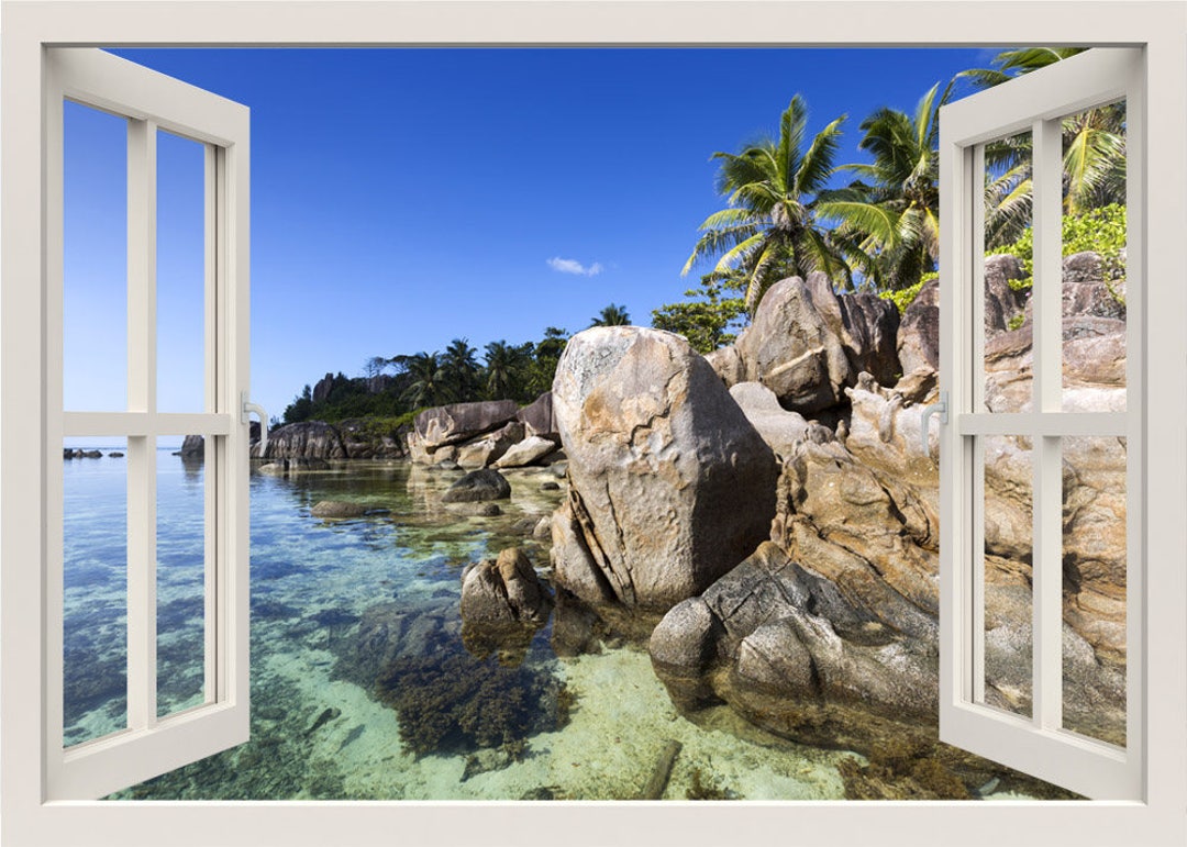 Tropical Sea Coast Wall Sticker, 3d Window Wall Decal, Tropical Beach Wall Decal, Window Frame
