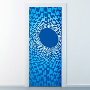 Peut inclure: Un autocollant de porte avec un motif géométrique bleu et blanc en forme de tunnel tourbillonnant. Le tunnel est de couleur bleu foncé et le motif est composé de carrés.