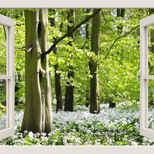 Trees and Blooming Flowers Wall Decal, Forest Wall Sticker, 3d Window View Nature Wall Decal, Wall Mural for Living Room Home Decor