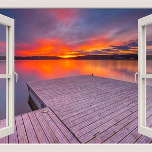 Sunset Wall Decal Mural, 3d Window View Wall Decal, Lake Landscape Wall Decal, Nature Wall Sticker Mural, Living Room Bedroom Home Decor