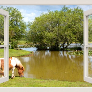 Horse Wall Decal, Horse Wall Sticker, Horse Drinking Water in Lake Wall Decal, Nature Wall Decal,  Animals Window Frame Wall Sticker