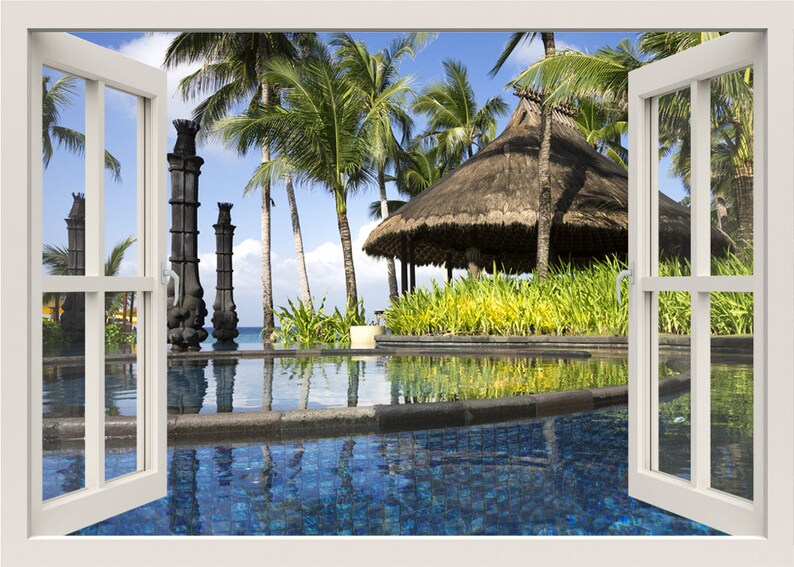 3d Window Frame Wall Decal, Tropical Beach Wall Decal, Exotic Beach