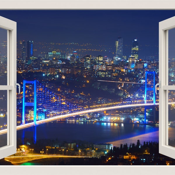 Turkije Istanbul City Wall Decal, Bridge Wall Decal, Bosporus View Wall Decal, Muurschildering, 3d Window Wall Decal, Window View Wall Sticker