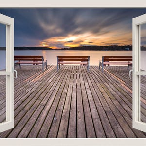 Sunset Wall Decal, Lake Landscape View Wall Decal, 3d Window Wall Decal, Window Frame, Sunset from Window View Home Decal, Wall Mural