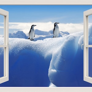 Antarctica Animals 3d Window Wall Decal, Penguins Wall Decal, Snow Iceberg Wall Decal, Window Frame Wall Sticker, Window View Home Decal