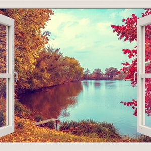 Autumn Landscape Wall Decal, Lake Wall Decal, 3d Window Wall Decal, Nature Wall Decal, Window View Sticker, Window Frame, Home Decor Mural