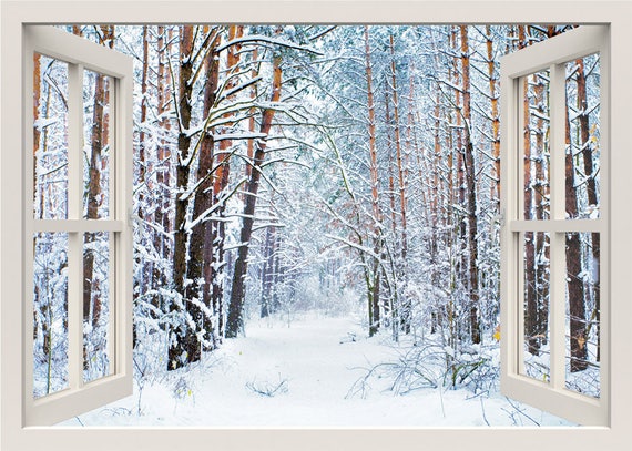Snow Wall Decal, Winter Wall Decal, Snowy Pathway Wall Decal, Forest Trees  Wall Decal Sticker, 3d Window Wall Decal, View Window Frame