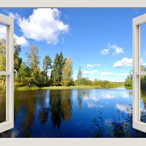 Lake View with Clouds and Forest Wall Decal, Lake and Forest Wall Sticker, Clouds 3d Window Wall Decal, Nature Window Frame, Window View