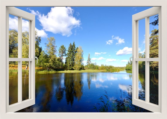 3D Fenster Wandbild Wandtattoo Aufkleber Natur Wald Wasser See Wohnzimmer Deko 