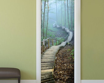 Decalque de parede de ponte, adesivo de porta, papel de parede de porta, adesivo de cobertura de porta, decoração de parede natural, mural de porta para decoração de quarto de sala de estar