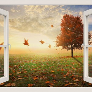 Tree Wall Sticker, Tree with Blowing Leaves at Wind Wall Decal, 3d Window View Nature Wall Decal, Tree Wall Sticker Mural, Home Wall Decor