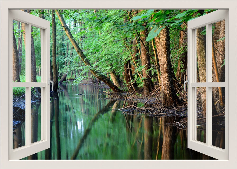 River Scene Wall Decal, Forest Wall Sticker Mural, 3d Window View Wall