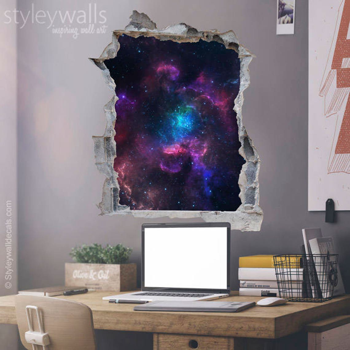 Space Wall Decal, Galaxy Wall Sticker, Hole in the Wall 3d Effect Wall