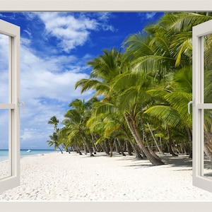 3d Window Wall Decal Wall Sticker, Beach Wall Decal, Palm Trees Window Frame Wall Decal, Tropical Beach, Window View Mural Home Decor