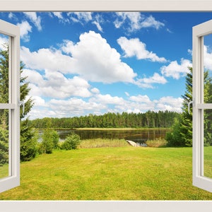 Green Forest Landscape Wall Decal, Clouds Wall Decal, 3d Window Wall Decal, Window Frame, Window View Home Decal, Wall Mural