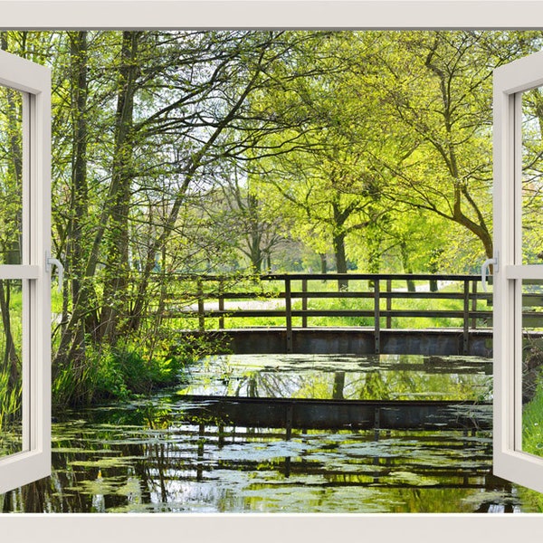 Brug over de rivier muursticker, 3d window view natuur muursticker, brug muur sticker muurschildering, raamkozijn woonkamer home wall decor