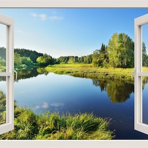 Lake Wall Decal, Lake Landscape Wall Sticker,3d Window View Wall Mural, Nature  Wall Sticker,Window Frame Wall Decal for Home Decor