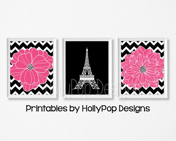 Printable Hot Pink And Black Wall Art Paris Art Prints Floral Wall Art Girls Room Decor Eiffel Tower Print Girl Nursery Decor Girl Art 1886