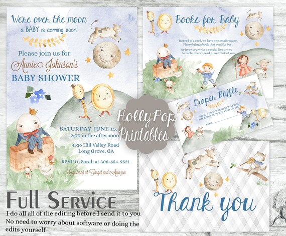 mother goose baby shower invitation bundle, baby shower welcome sign, books  for baby, diaper raffle, nursery rhyme baby shower package mg001