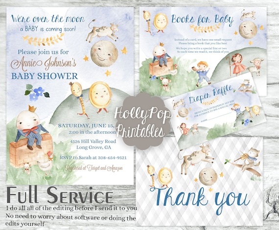 mother goose baby shower invitation bundle, baby shower welcome sign, books  for baby, diaper raffle, nursery rhyme baby shower package mg001