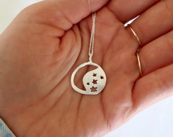 Moon and stars necklace, Sterling silver 925