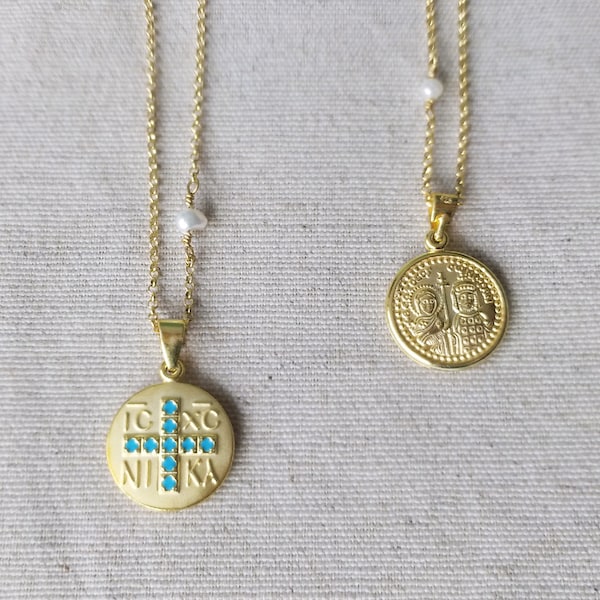 Gold coin pendant, Gold blue ICXC NIKA coin, Byzantine coin, St Constantine St Helen, Greek Christian coin, Orthodox pendant, Made in Greece