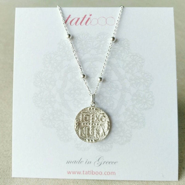 Silver coin pendant, Silver ICXC NIKA coin, Byzantine coin, St Constantine St Helen, Greek Christian coin, Orthodox pendant, Made in Greece