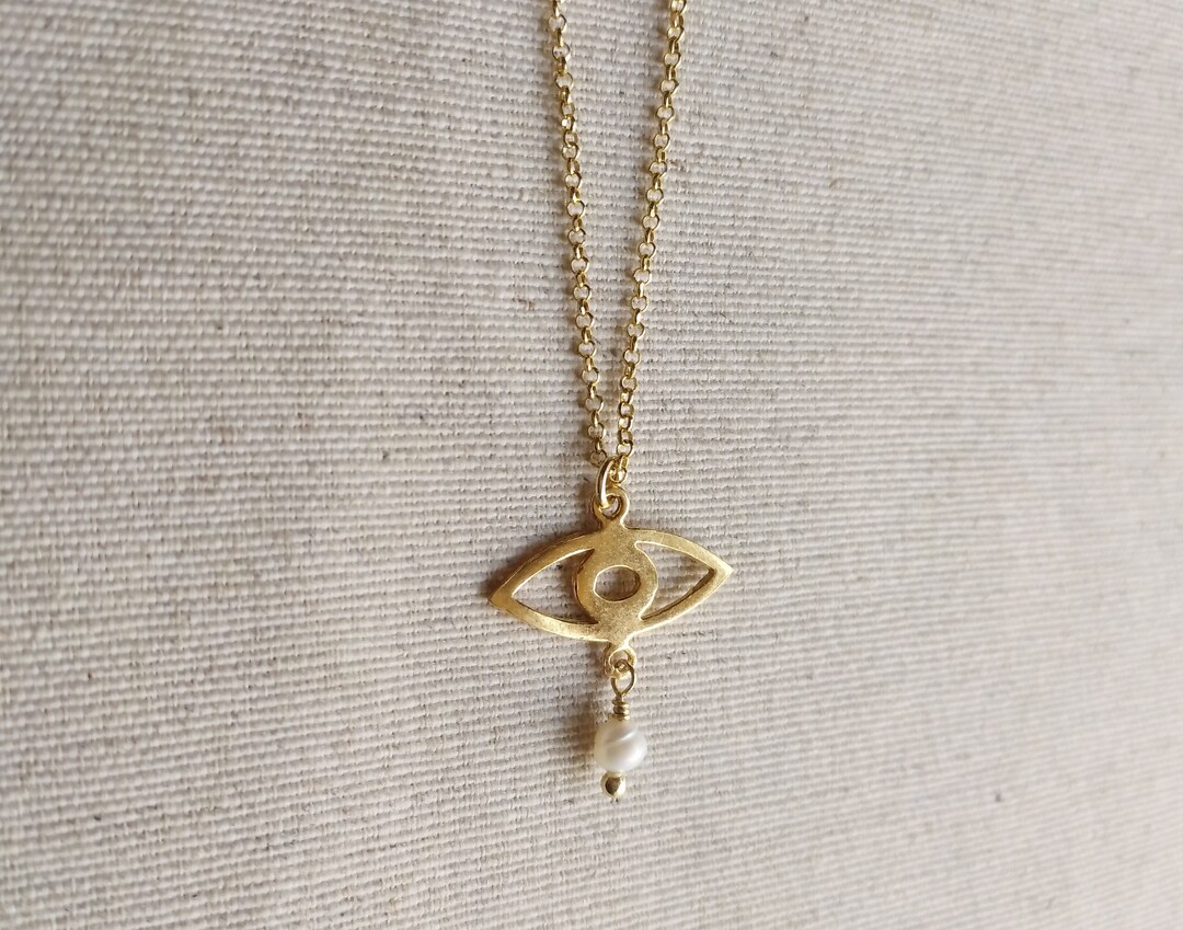Gold Eye Pendant With Pearl, Minimalist Eye Necklace, Dainty Evil Eye