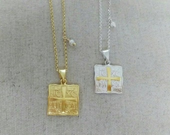 Square ICXC pendant, Gold ICXC NIKA coin, Byzantine coin, St Constantine St Helen, Greek Christian coin, Orthodox pendant, Made in Greece