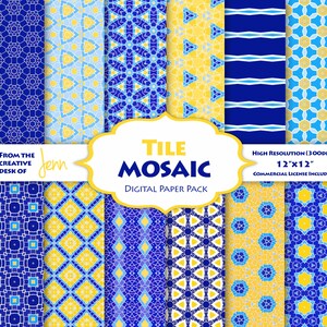 Può includere: Un pacchetto di carta digitale con 12 motivi di mosaico di piastrelle in blu, giallo e bianco. I motivi sono senza cuciture e possono essere utilizzati per lo scrapbooking, la creazione di biglietti e altri lavoretti. Il pacchetto include una licenza commerciale.