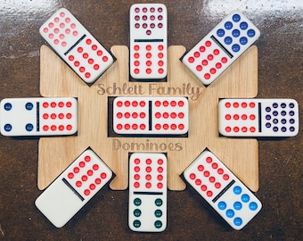 Domino Centerpiece Birch Wood Hub Chickenfoot Mexican Train Personalized for Family Domino Game Night