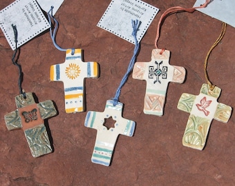Handmade Glazed Clay Cross Ornaments, Set of 5, Karlene Voepel