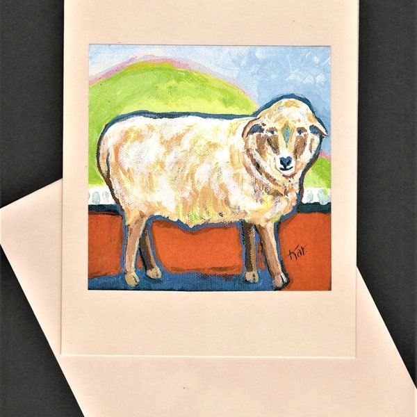 Sheep, Handmade or *Printed Note Cards from Acrylic Cube Painting by Karlene Voepel.  Sold Individually.