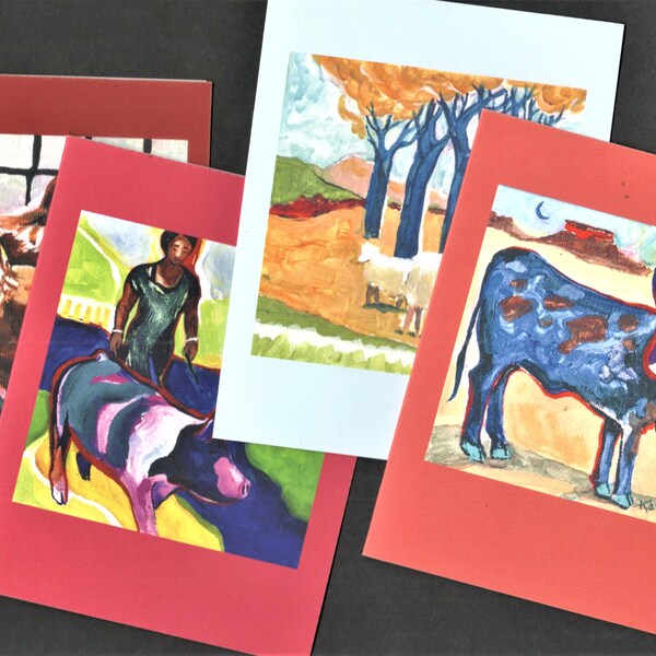 Farm Animals Note Cards, Sheep, Bull, Pig and Chickens, Set of 4 Cards from Karlene Voepel's Acrylic Paintings.