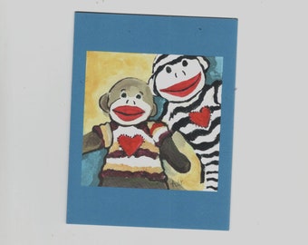 Sock Monkey Selfie Notecards, Handmade Valentine from Acrylic Painting by Arizona Artist, Karlene Voepel