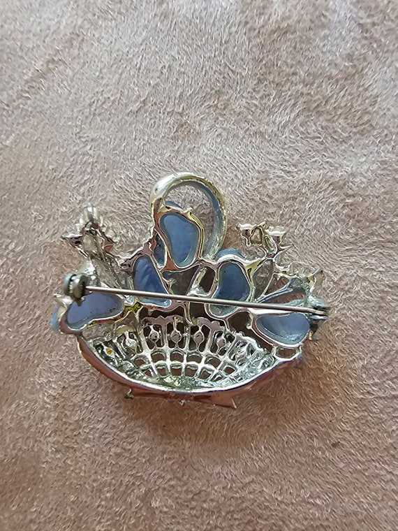 Vintage CORO signed basket of flowers Blue brooch - image 2