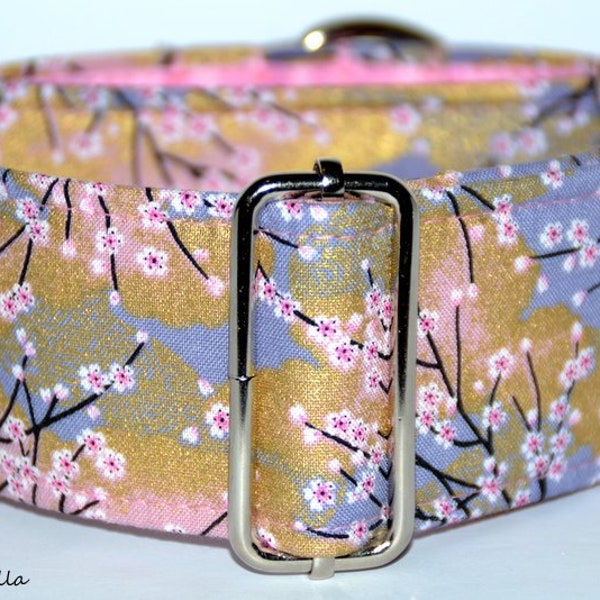 Sakura Cherry Blossom, Martingale collar, Galgos Greyhound Dogs, Adjustable Antiescape, Cotton, Grey, Pink, Gold, Flower Spring, Japan