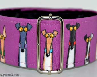 BACK AVAILABLE!! Martingale collar, Galgos Greyhound Dogs, Adjustable Anti-escape, Cotton, Funny Happy Cute Faces, Purple Black Full Colors