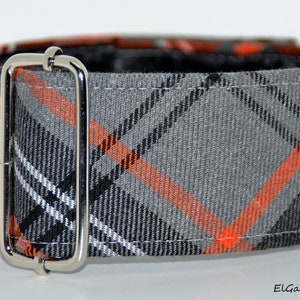 Martingale collar, Galgos Greyhound Dog, Adjustable Antiescape, Cotton tartan, English style, Grey Black White Orange image 2